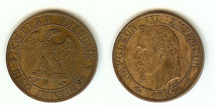 Cinq centimes Napoléon III, tête laurée 1861 Paris TTB à SUP